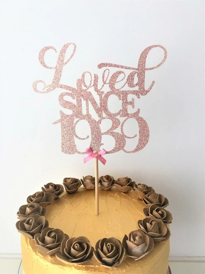 loved since 1939 rose gold glitter cake topper, 80th birthday party decorations, one tier cake with brown rose decorations