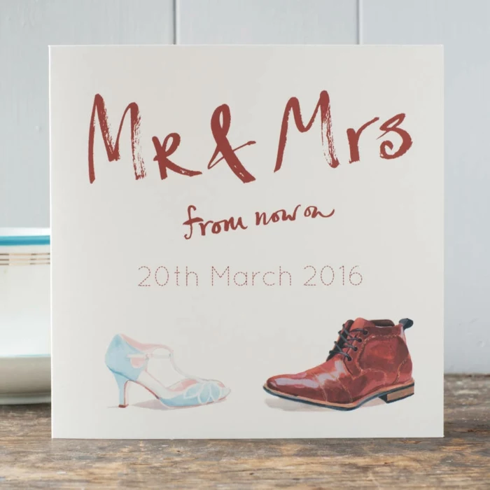 personalised wedding card, drawings of male and female wedding shoes, wedding wishes for a friend