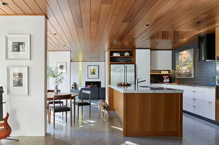 wooden kitchen island, white cabinets, modern kitchen cabinets colors, dark grey tiles backsplash