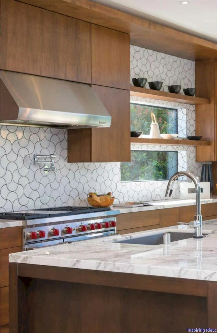 open shelving, modern kitchen cabinets colors, wooden cabinets with marble countertops, black and white backsplash