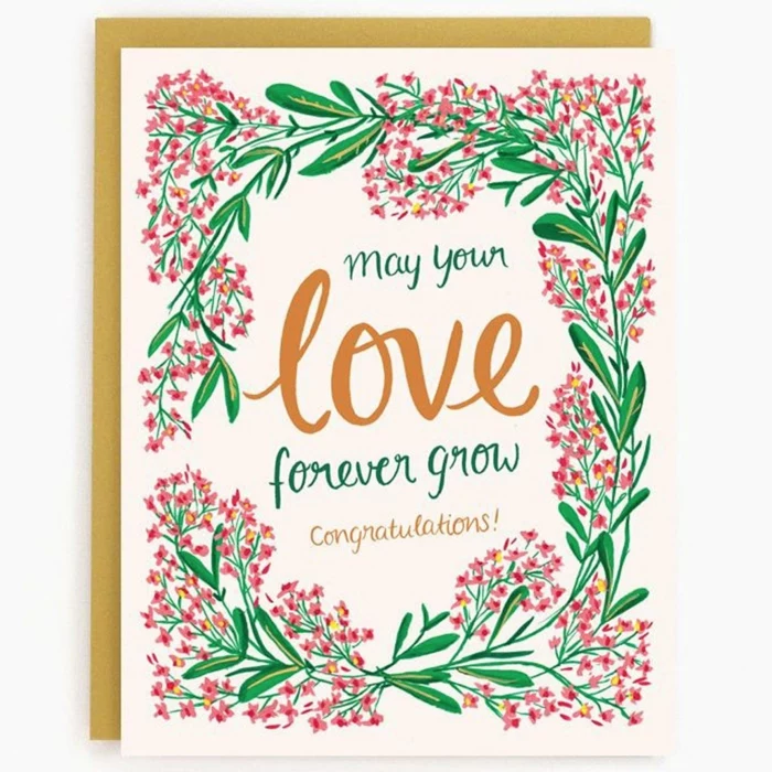 floral print on white card stock, wedding wishes for a friend, may your love forever grow written at the front