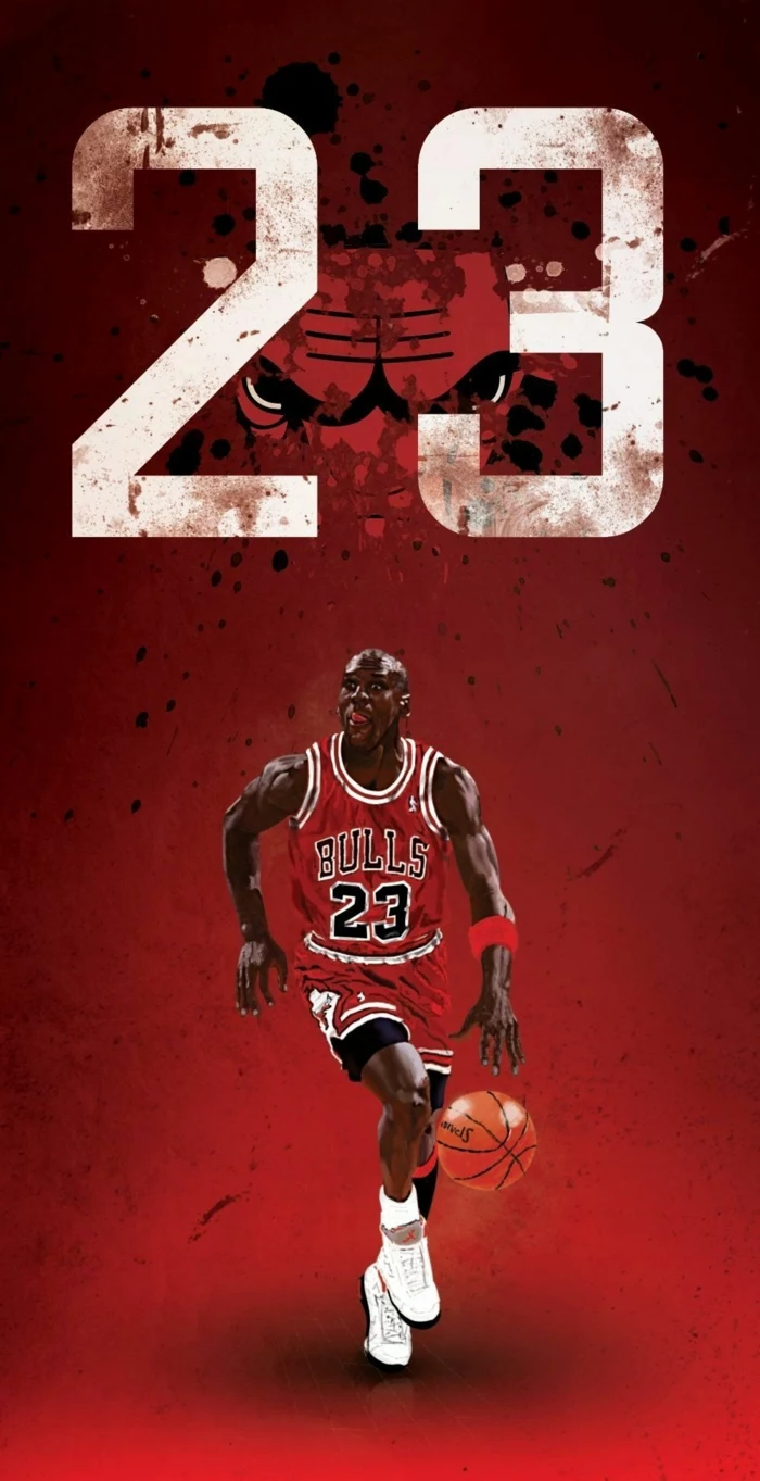 michael jordan, wearing chicago bulls uniform, cool basketball wallpapers, poster with red background
