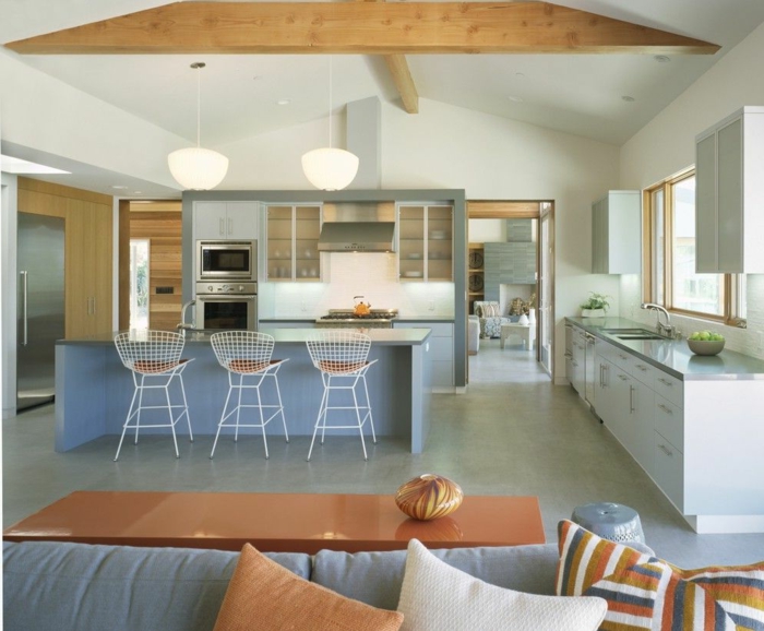 white cabinets with light grey countertops, metal bar stools, mid century modern kitchen island