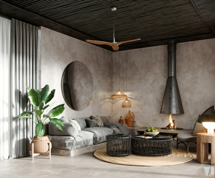 grey walls and floor, decorations ideas for living room, pallet sofa with grey cushions, black round coffee tables