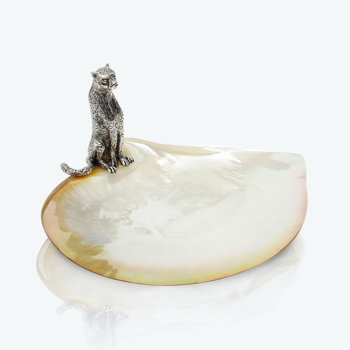anniversary gift for husband, mother of pearl jewelry plate, metal cheetah figurine on the side, white background