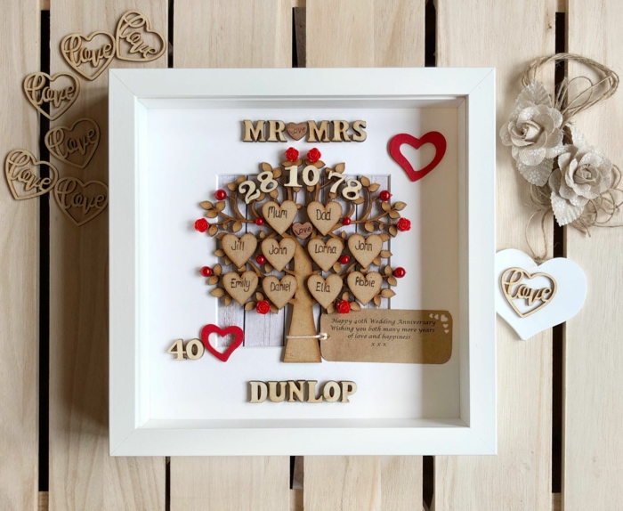 poster with a tree in the middle, personlised for mr and mrs dunlop, anniversary gifts for parents, placed on wooden surface