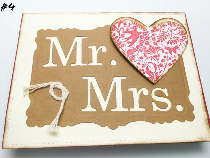 wooden like card, mr and mrs written nexto to a heart, funny wedding wishes, white background