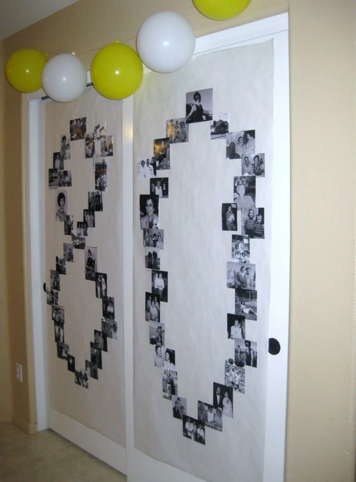 number 80 made with old photos, arranged on white wall, 80th birthday gift ideas for mom, white and yellow balloons hanging