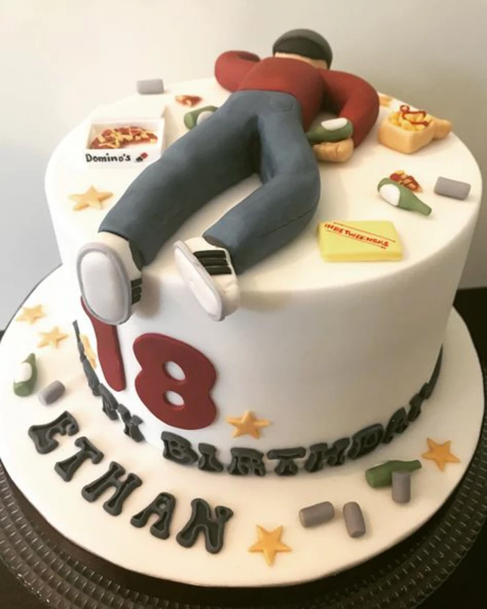 one tier cake, covered with white fondant, surprise party ideas, figurine of a man laying face down, made of fondant on top