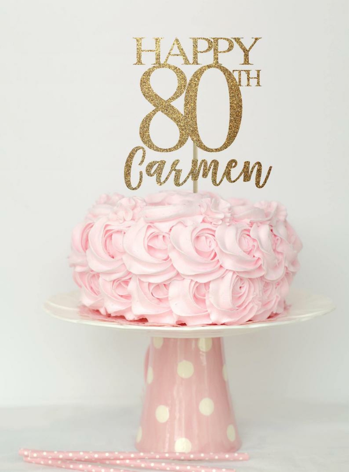 one tier cake, decorated with pink buttercream roses, 80th birthday party decorations, pink cake stand