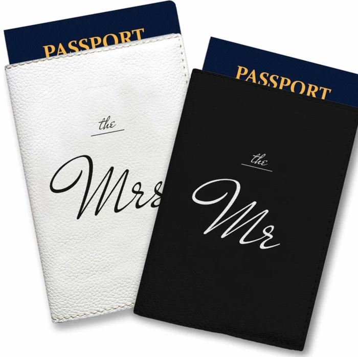 the mrs and the mr, black and white passport covers, white background, 50th anniversary gifts