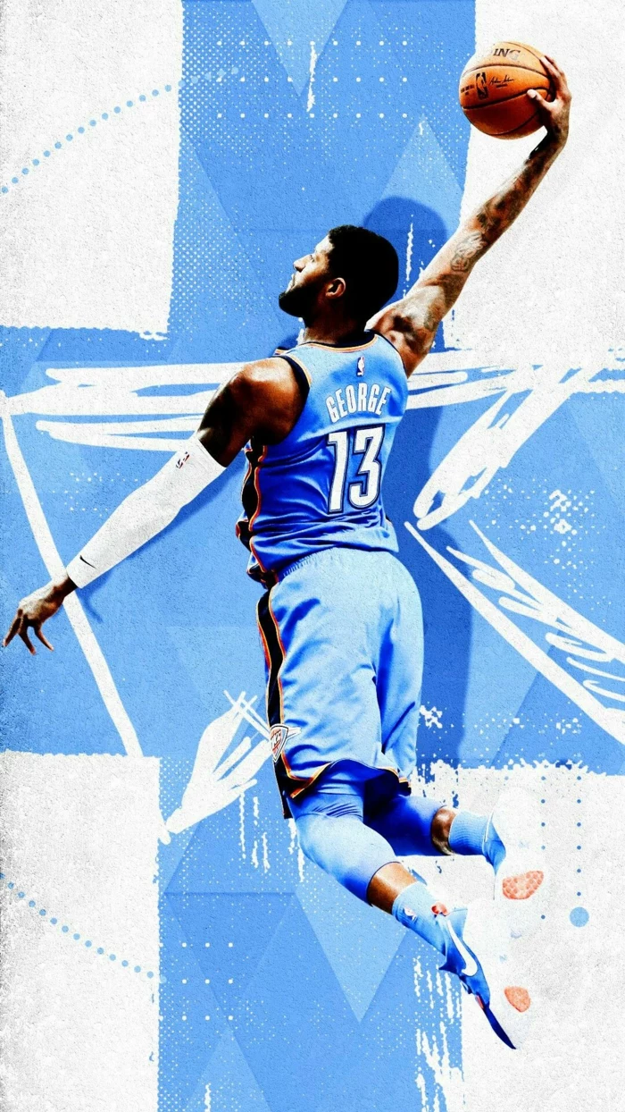 paul george, wearing oklahoma city thunder uniform, dunking the ball, best nba wallpapers