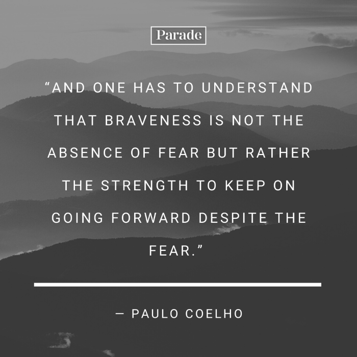 paulo coelho quote, quotes about strength and hope, written with white letters, background photo of foggy mountain