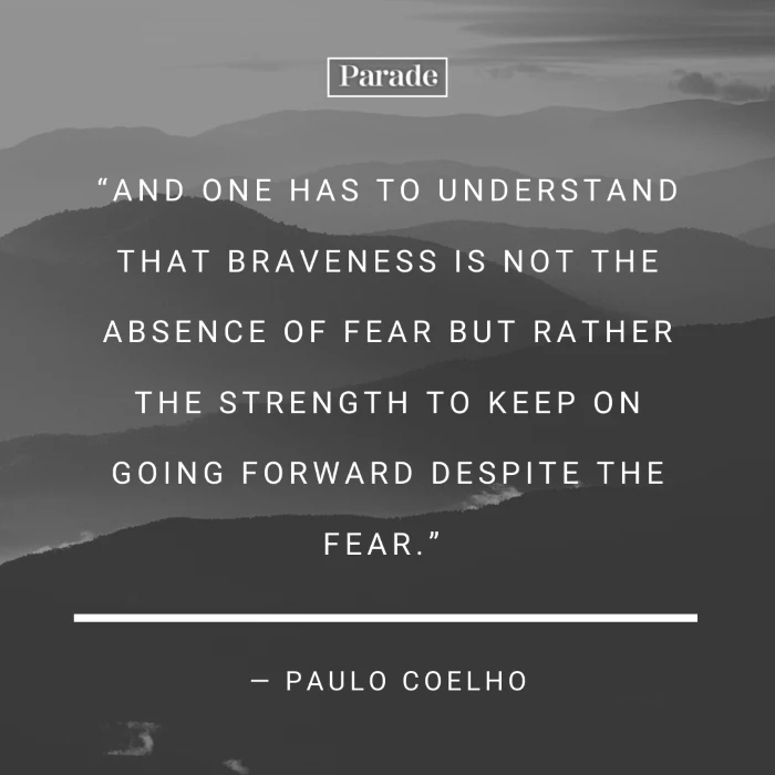 paulo coelho quote, quotes about strength and hope, written with white letters, background photo of foggy mountain