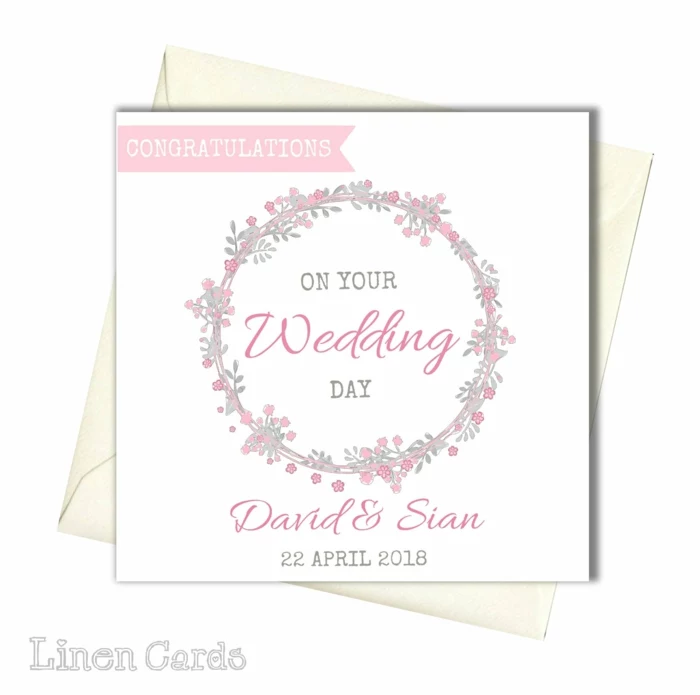 on your wedding day, written inside floral wreath, drawn on white card stock, funny wedding wishes