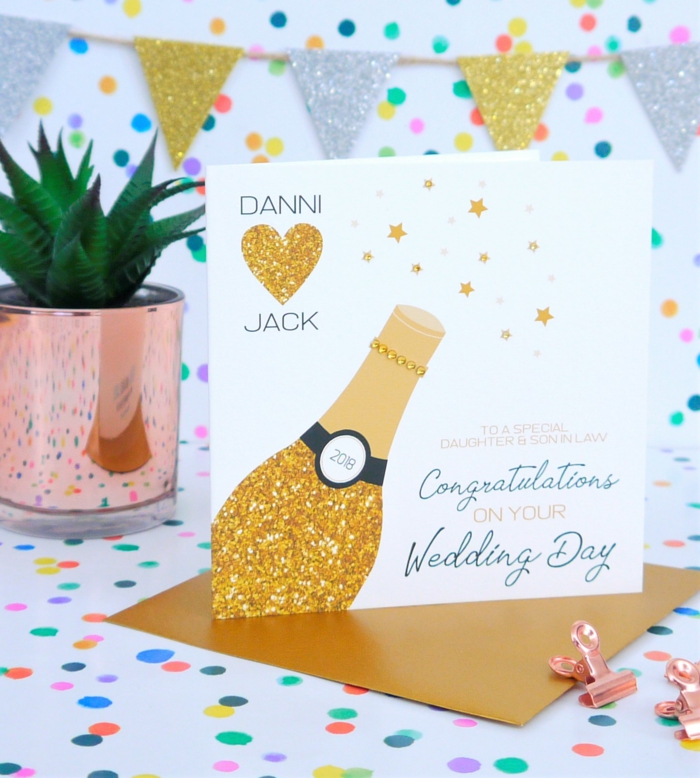 champagne bottle made with gold glitter, personalised wedding card, congratulations on your wedding