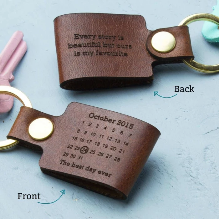 personalised leather key chains, 50th anniversary gifts, every story is beautiful but ours is my favorite, written on them
