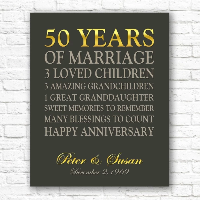 personalised poster for peter and susan, written with gold letters, traditional wedding anniversary gifts, white brick wall