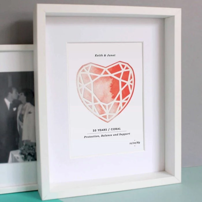 watercolor coral heart, personalised poster for keith and janet, anniversary gift for husband, inside white wooden frame