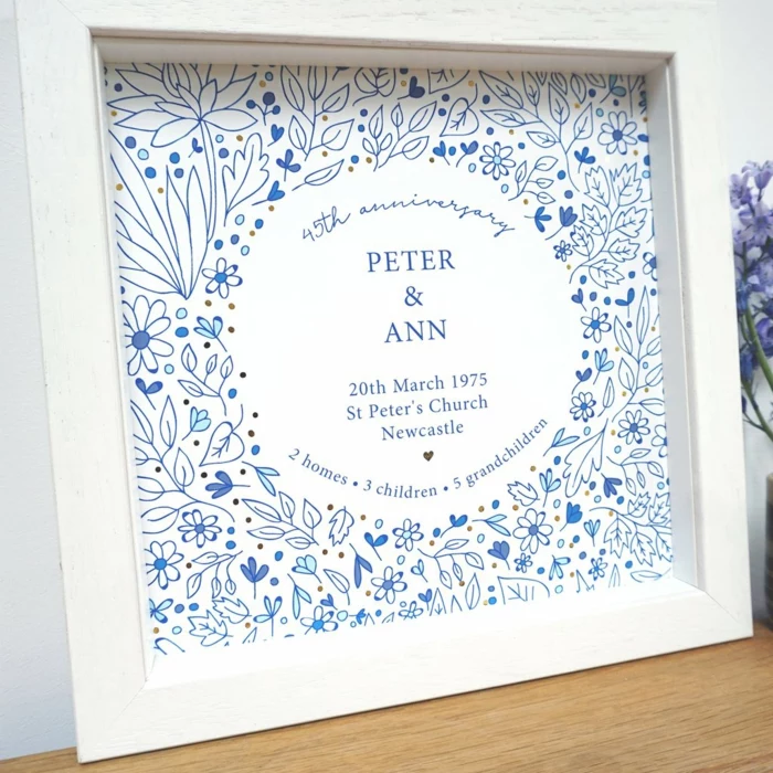 personalised poster for peter and ann, blue flowers drawn on it, traditional wedding anniversary gifts, inside white wooden frame
