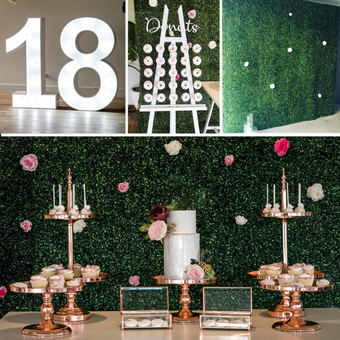dessert table with cake and cupcakes, things to do on your 18th birthday, green wall backdrop