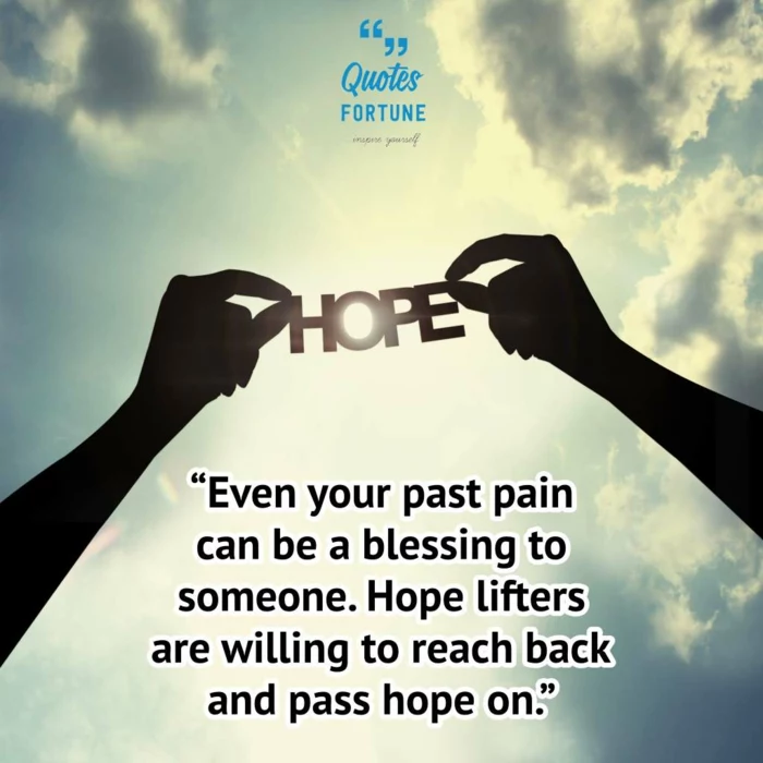 background photo of blue sky, quotes about strength and hope, two hands holding word hope