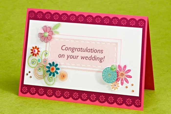 green background, funny wedding wishes, card made with pink card stock, decorated with colorful flowers
