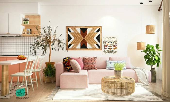 pink corner sofa with colorful throw pillows, modern living room, wooden round coffee table