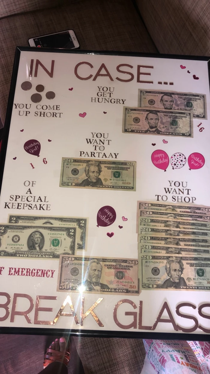 in case of emergency break glass, fun poster, things to do on your 18th birthday, money behind the glass