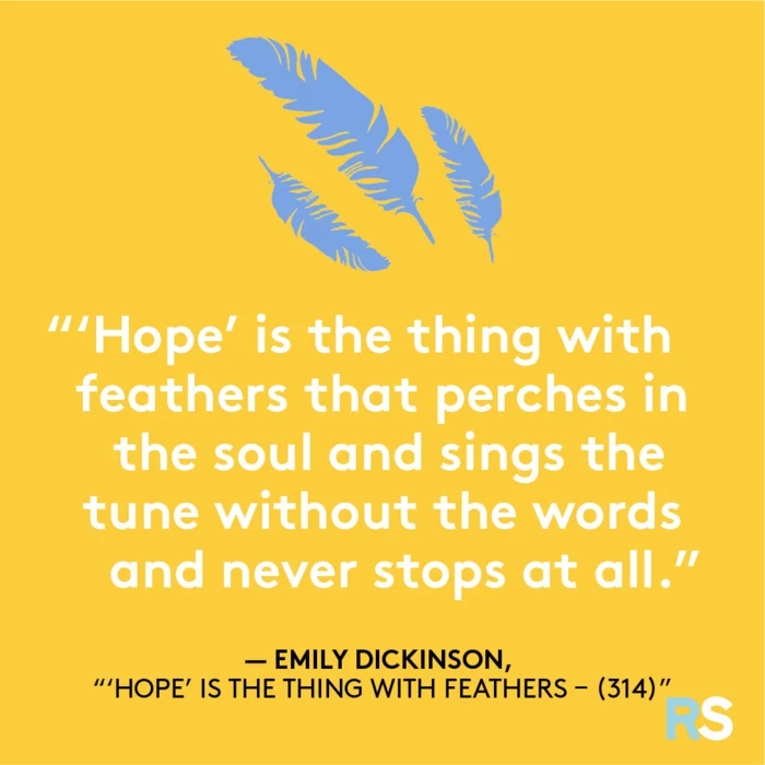 emily dickinson quote, losing hope quotes, yellow background with three blue feathers, white letters
