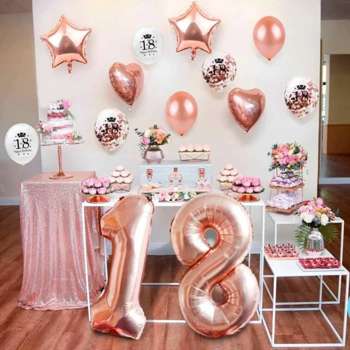 rose gold decor, rose gold number 18 balloons, 18th birthday ideas for girls, desserts table with flower bouquets