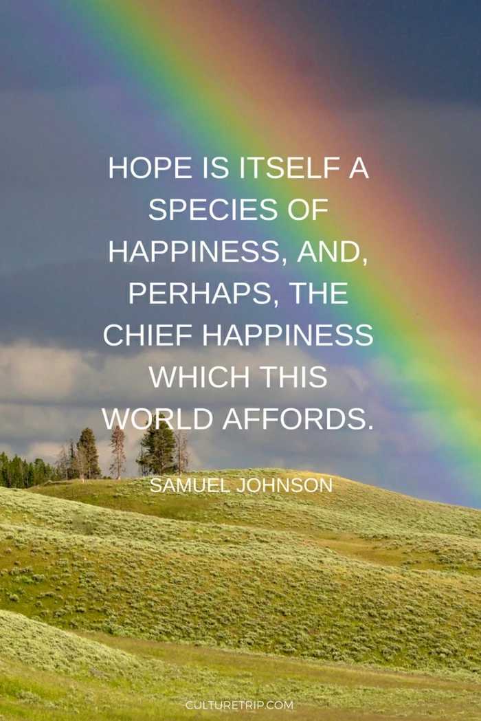 background photo of a rainbow over a field, spiritual words of encouragement, samuel johnson quote