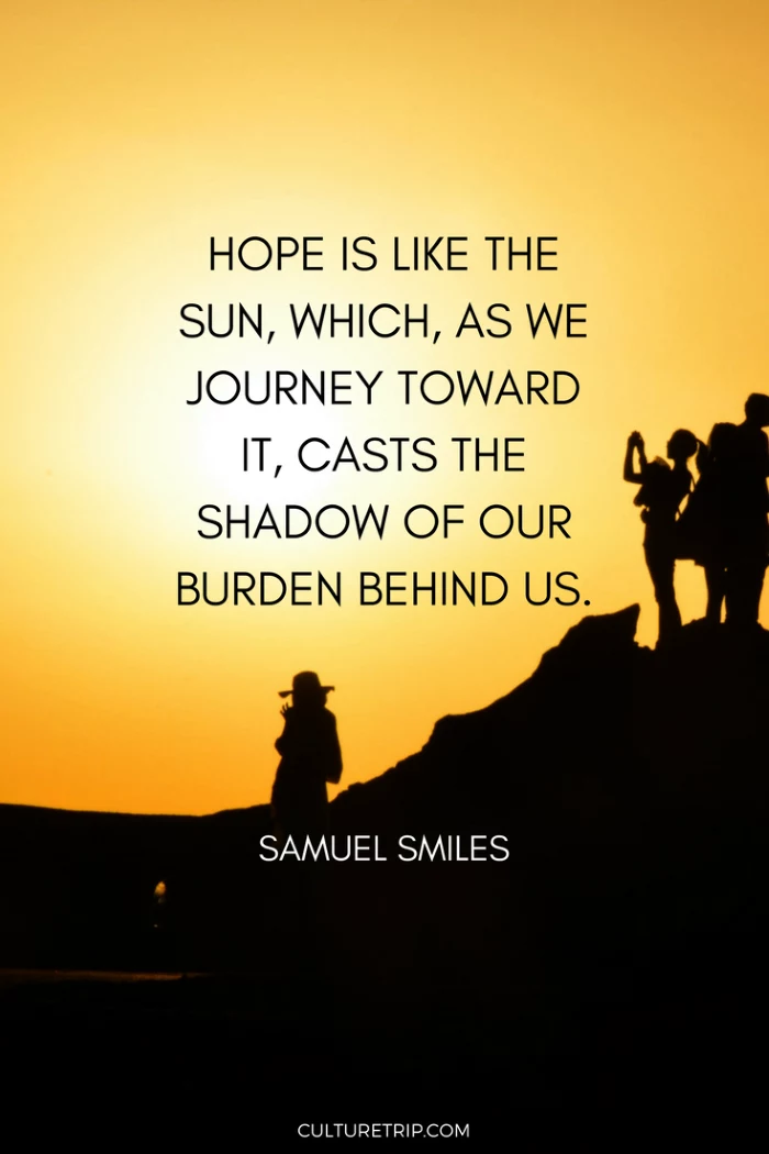 samuel smiles quote, written with black letters, spiritual words of encouragement, background photo of sunset