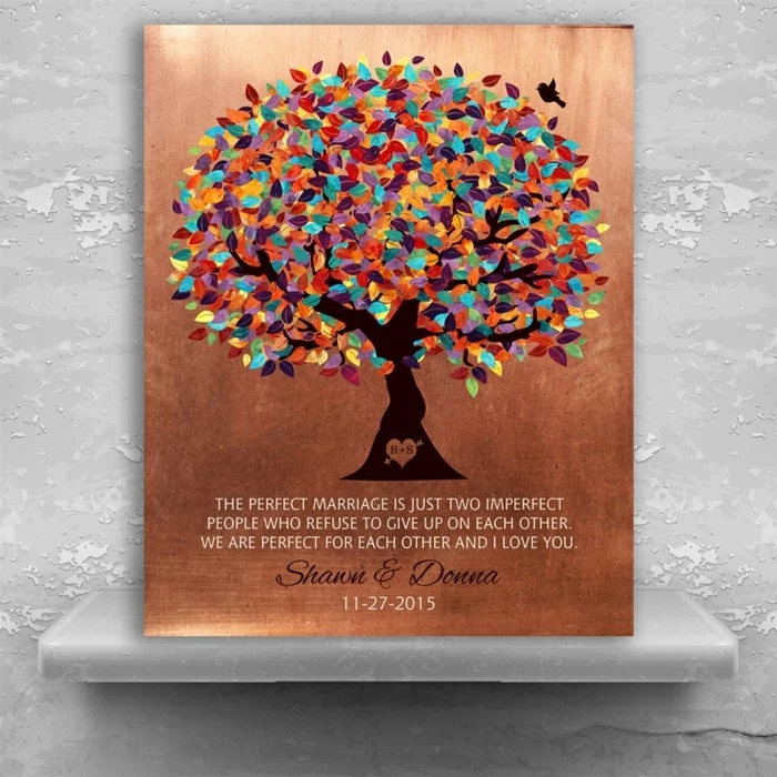personalised for shawn and donna, copper poster with tree drawn on it, traditional anniversary gifts, congratulatory message written on it
