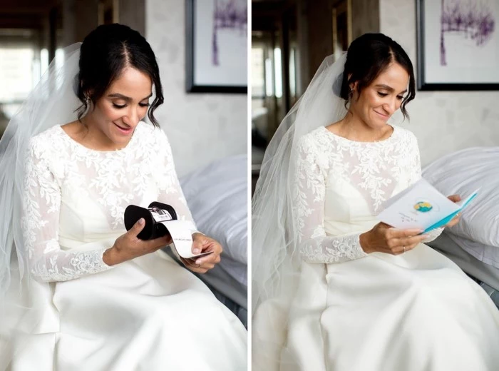 side by side photos, woman with black hair, wearing a wedding dress, funny wedding wishes, reading a card
