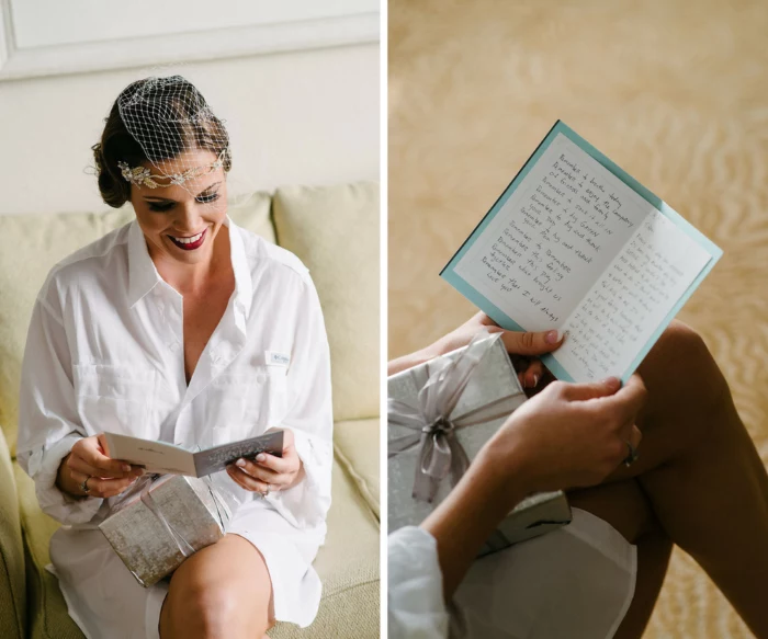 side by side photos, woman wearing white silk robe, reading a card, wedding card message