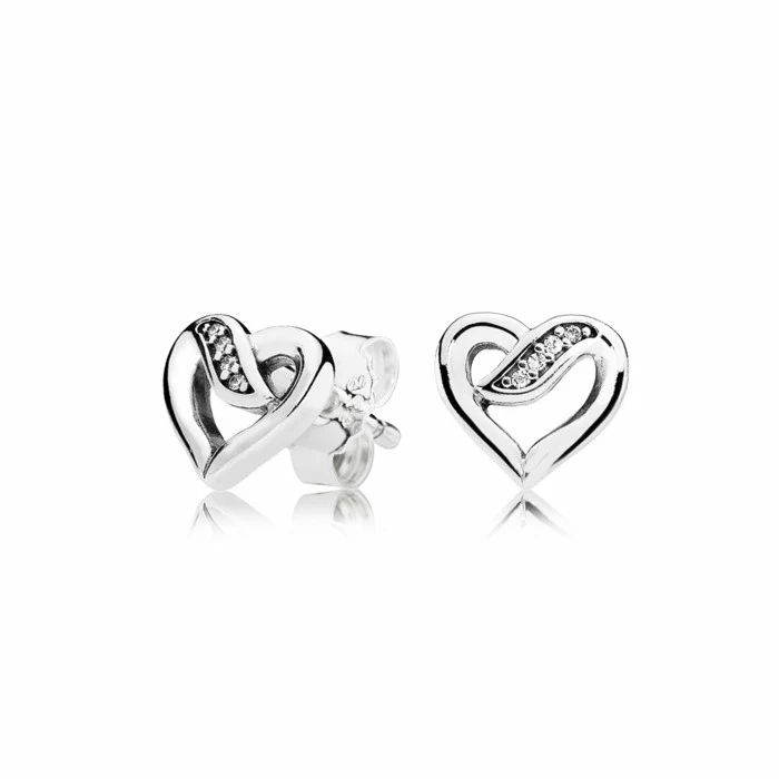 silver heart shaped earrings, decorated with a few rhinestones, 10th anniversary gift, white background