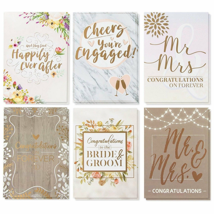 six different wedding cards, things to write in a wedding card, cards with different prints on them