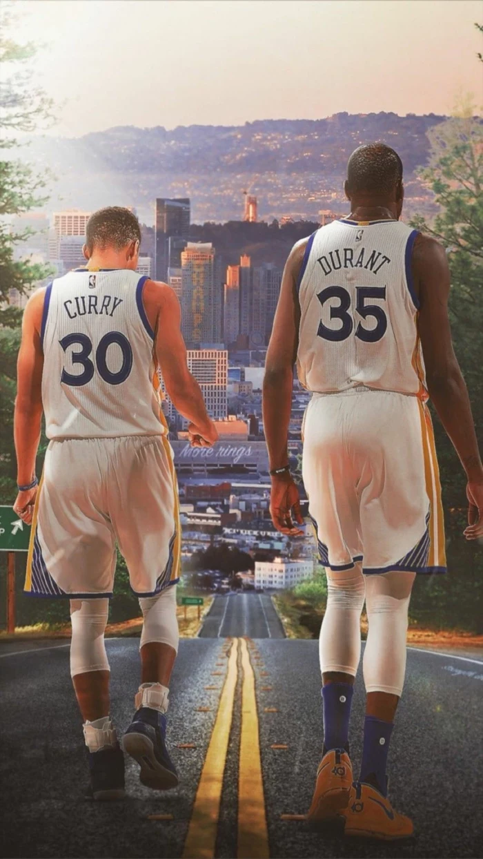 stepehn curry and kevin durant, nba wallpaper, wearing golden state warriors uniforms, walking down a road