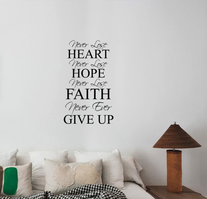 sticker for the wall, quotes about hope for the future, sticker on a white wall over a bed, white throw pillows