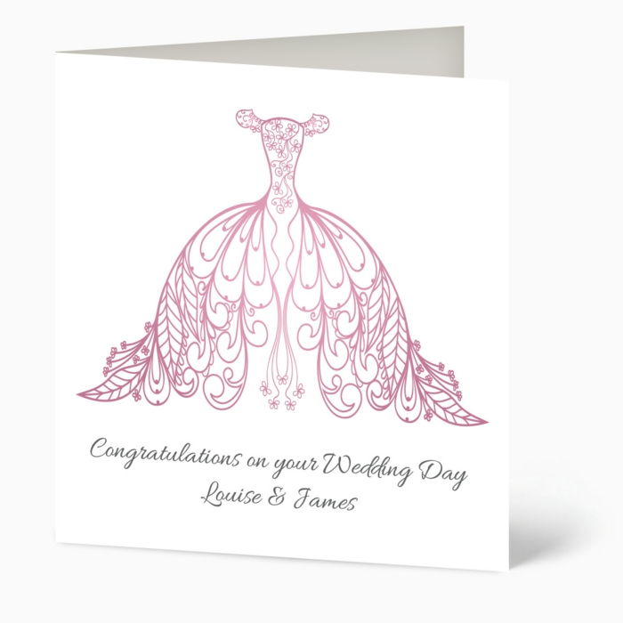 white card stock, pink floral gown drawn on it, things to write in a wedding card, personalised card
