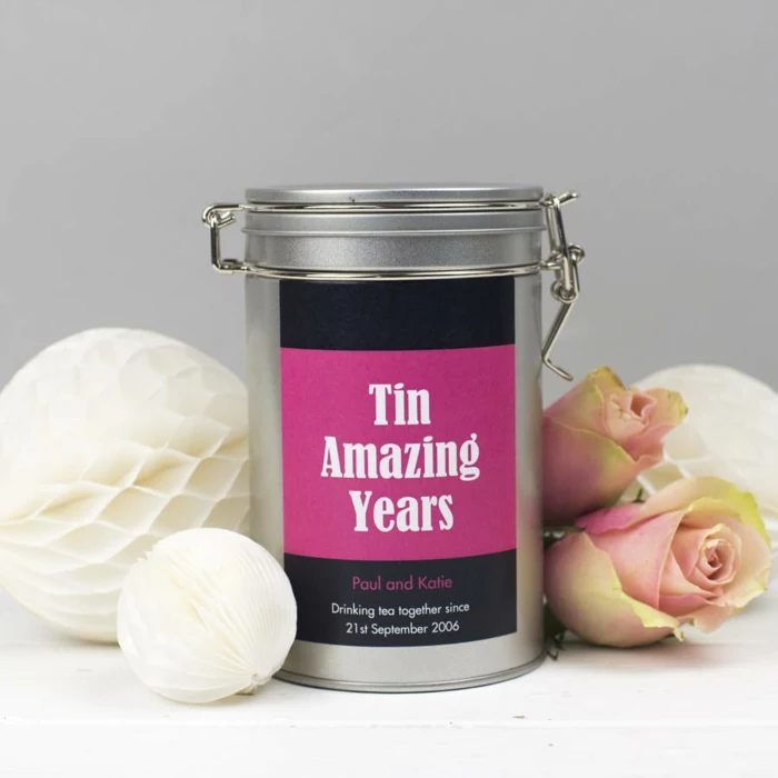 tin amazing years, tea can, 40th anniversary gifts, personalised label for paul and katie