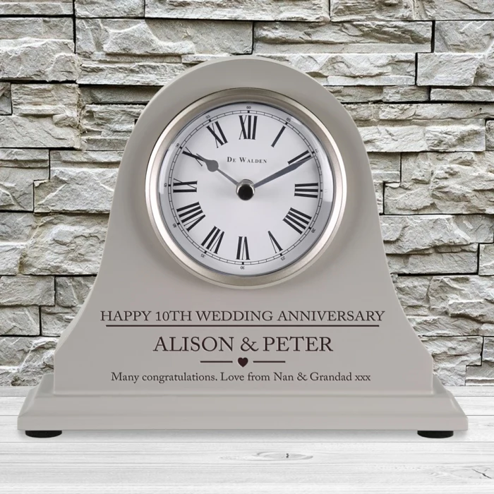 tin clock, personalised for alison and peter, 40th anniversary gifts, stone wall in the background