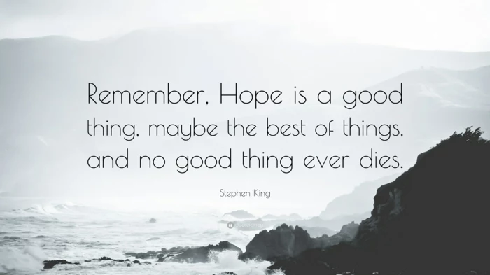 stephen king quote, quotes about hope and love, written with black letters, background photo of waves crashing into rocks