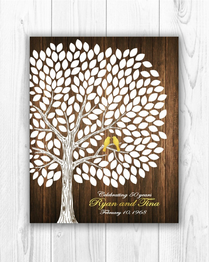 traditional wedding anniversary gifts, drawing of a tree on wooden block, gold birds and letters, personalised for ryan and tina