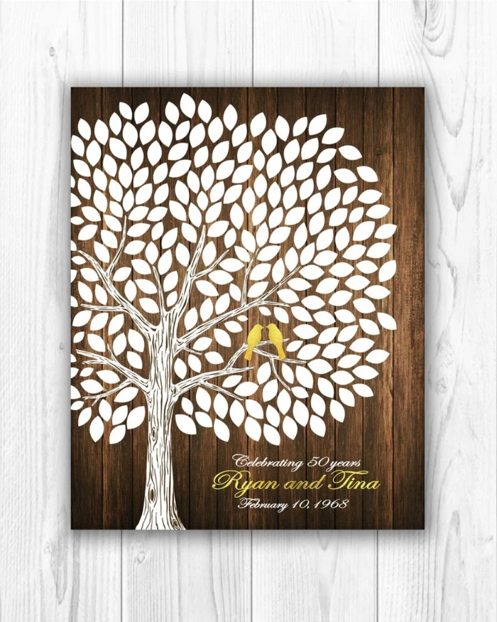 traditional wedding anniversary gifts, drawing of a tree on wooden block, gold birds and letters, personalised for ryan and tina