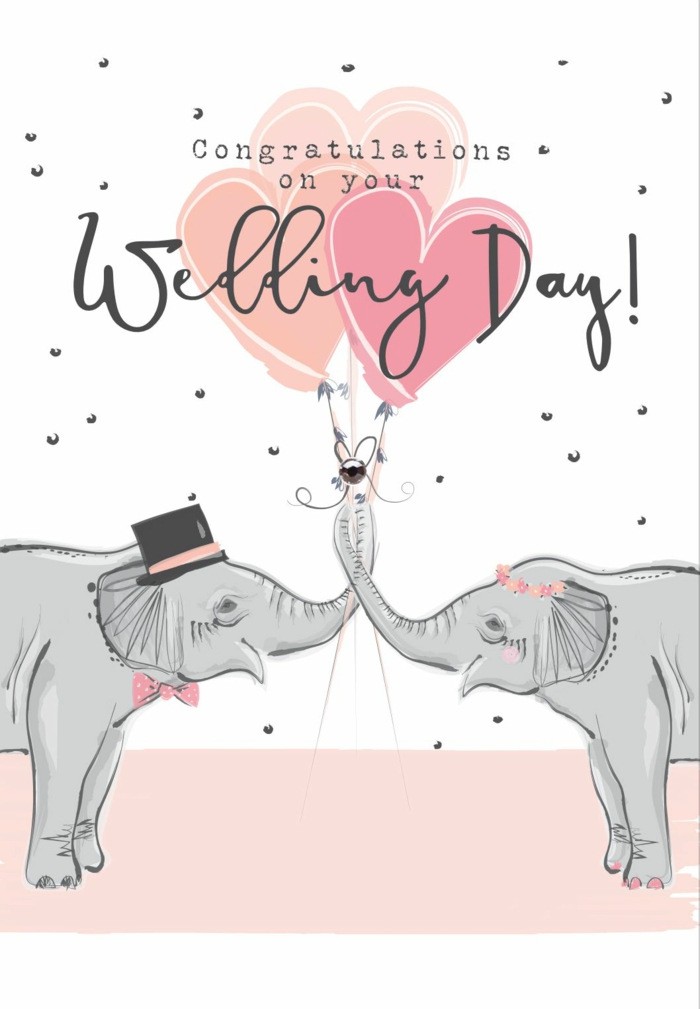 hand painted wedding card, wedding congratulations, two elephants at the front, congratulations on your wedding day