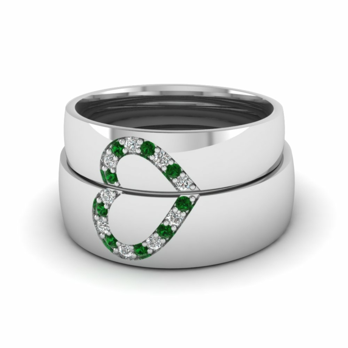 anniversary gifts for couples, two silver rings, emerald crystals and rhinestones, arranged in the shape of a heart