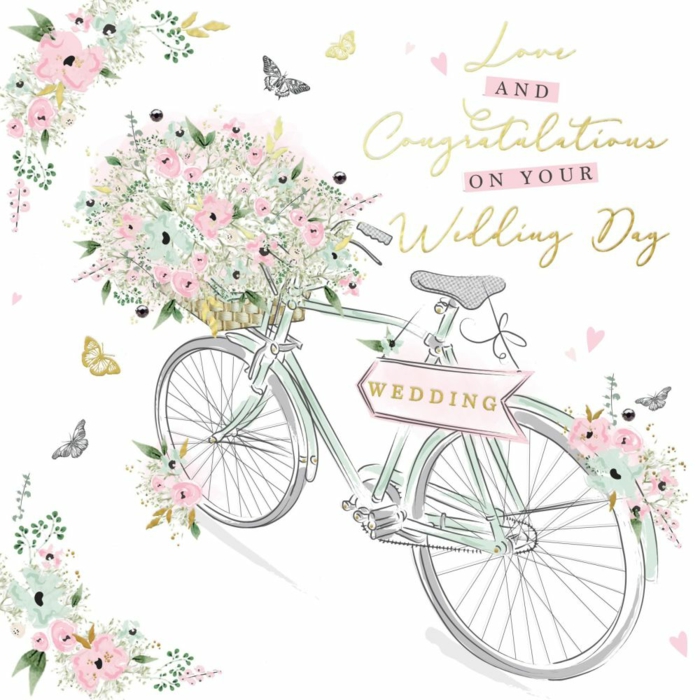 hand painted wedding card, things to write in a wedding card, bicycle with bakset full of flowers