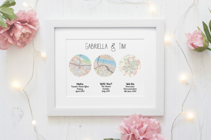 three separate maps, where we met and proposed and got married, anniversary gifts by year, gabriela and tim personalised poster